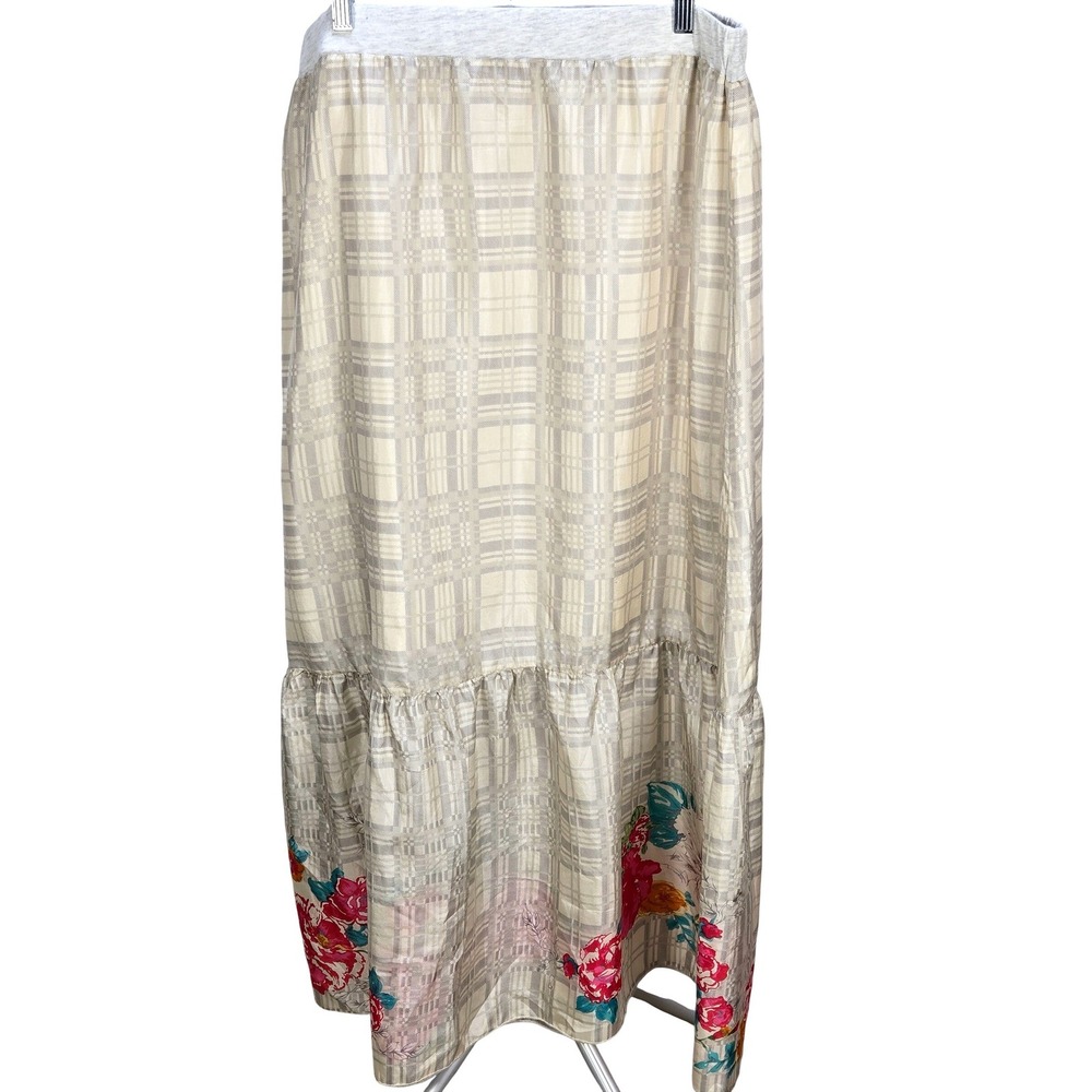 Women's Johnny Was Large 100% Silk Plaid Floral Maxi Skirt Tiered Boho